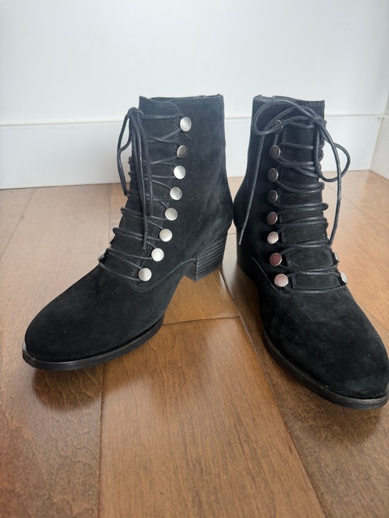 Earth Shoes - Earth Black Suede Lace-Up Ankle Boots with Button Detail